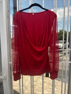 Red Draped Front Long-Sleeve Tee with Sheer Dot Sleeves